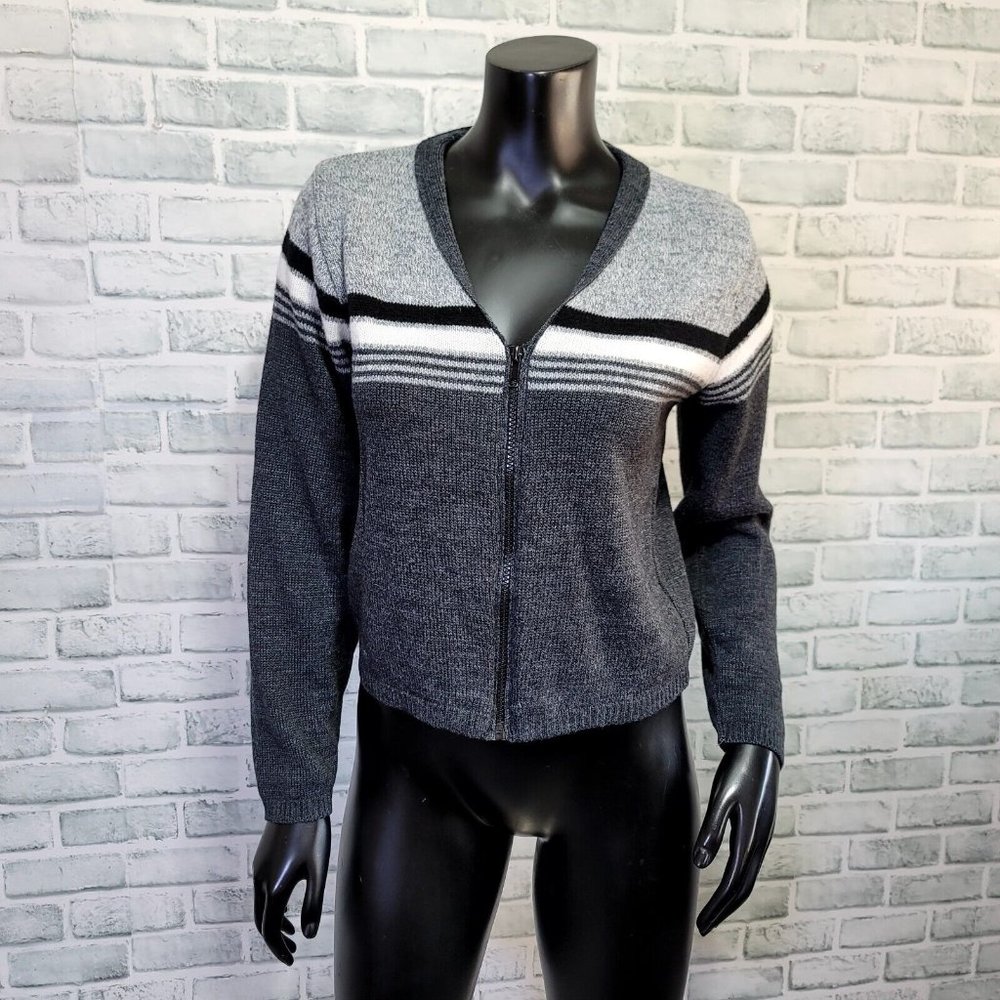 Vintage 90s Anchor Blue Womens S Grey Colorblock Knit Cropped Sweater Zip Front‎